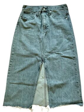 Madewell Rigid Denim A-Line Skirt five-pocket, front slit, raw & distressed hem.